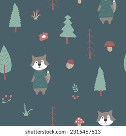 Cute wolf Seamless pattern. Cartoon Animals in forest background. Vector illustration.