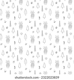 Cute wolf Seamless pattern. Cartoon Animals in forest background. Vector illustration.