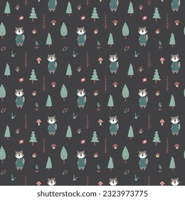 Cute wolf Seamless pattern. Cartoon Animals in forest background. Vector illustration.