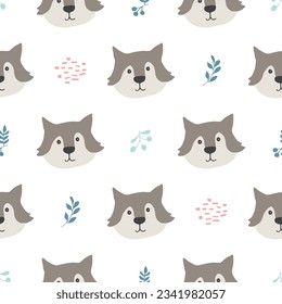 Cute wolf Seamless pattern. Cartoon Animals in forest background. Vector illustration.