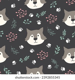 Cute wolf Seamless pattern. Cartoon Animals in forest background. Vector illustration.