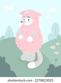 cute wolf in sheep's clothing stands on the field.little sheeps from behind.Vector illustration for print, background