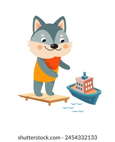 Cute wolf and ship on white background. Cartoon character. Transport and animals. Vector illustration.