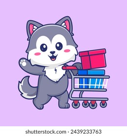 Lindo Lobo De Compras Con Carro De Dibujos Animados Ilustración De Icono Vectorial. Icono de negocios de animales Concepto Vector Premium aislado. Estilo plano de dibujos animados