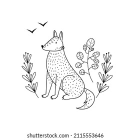 Cute wolf sitting in the bushes, Scandinavian style isolated hand drawn vector illustration in line style