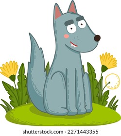 A cute wolf is sitting in a clearing with dandelions in a cartoon style. Children's illustration.