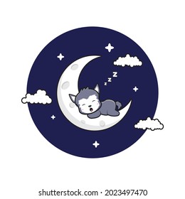 Cute wolf sleep on the crescent moon cartoon icon illustration. Design isolated flat cartoon style