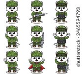 Cute Wolf soldier in camouflage uniform. Cartoon funny Wolf soldier character with helmet and green uniform in different positions. Funny Animal illustration Set.