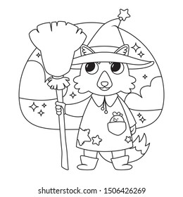 Cute wolf sorcerer with a chicken in his pocket wearing witch's hat and holding witch's broom. Happy Halloween illustration. . Black and white vector illustration for coloring book.