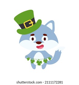 Cute wolf in St. Patrick's Day leprechaun hat holds shamrocks. Irish holiday folklore theme. Cartoon design for cards, decor, shirt, invitation. Vector stock illustration.