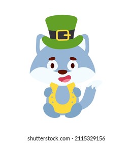 Cute wolf St. Patrick's Day leprechaun hat holds horseshoe. Irish holiday folklore theme. Cartoon design for cards, decor, shirt, invitation. Vector stock illustration.