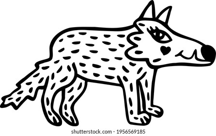 Cute wolf is standing. Cartoon woodland animal with big noses smiling at children. Toothy forest hunter. Black doodle coyote. Vector wild life clip art. Hand drawn illustration for kids design icons.