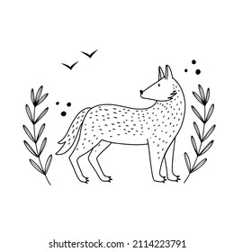 Cute wolf standing in high grass, Scandinavian style isolated hand drawn vector illustration in line style