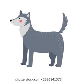 Cute wolf in a standing position. Forest character in cartoon style for kids design. Woodland animal isolated on white background. Vector illustration