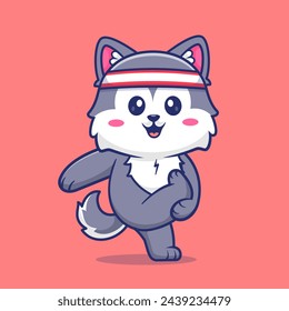 Cute Wolf Stretching Cartoon Vector Icon Illustration. Animal Sport Icon Concept Isolated Premium Vector. Flat Cartoon Style