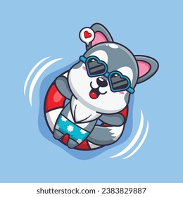 Cute wolf in sunglasses float with buoy. Cute summer cartoon illustration. Vector cartoon Illustration suitable for poster, brochure, web, mascot, sticker, logo and icon.