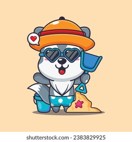 Cute wolf in sunglasses play sand beach cartoon illustration. Cute summer cartoon illustration. Vector cartoon Illustration suitable for poster, brochure, web, mascot, sticker, logo and icon.