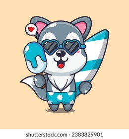 Cute wolf with surfboard holding ice cartoon illustration. Cute summer cartoon illustration. Vector cartoon Illustration suitable for poster, brochure, web, mascot, sticker, logo and icon.