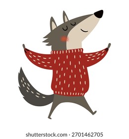 Un lindo lobo en un suéter se para en dos piernas. Ilustración vectorial plana sobre un fondo blanco. 