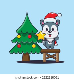 Cute wolf taking star from christmas tree. Cute christmas cartoon illustration. 