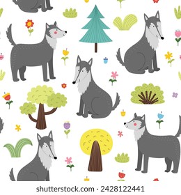 Cute wolf and trees seamless pattern. Woodland background for kids in cartoon style. Funny forest character print for children. Vector illustration