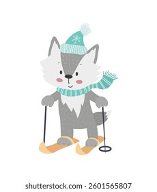 Cute wolf in a turquoise hat and scarf skiing. A joyful winter activity depicted with a holiday theme. Isolated on a white background.