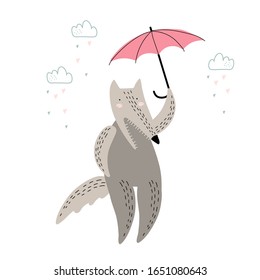 Lobo blanco con paraguas bajo la lluvia aislado en blanco