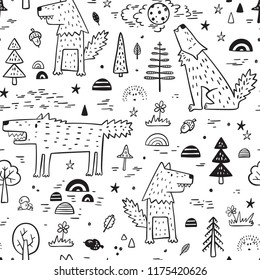 Cute Wolf Vector Seamless pattern. Childish Background with Hand Drawn doodle Wolves in Forest. Cartoon Wild Animals Wallpaper. Design for kids