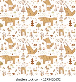 Cute Wolf Vector Seamless pattern. Childish Background with Hand Drawn doodle Wolves in Forest. Cartoon Wild Animals Wallpaper. Design for kids