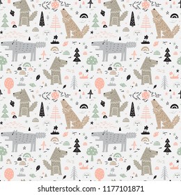 Cute Wolf Vector Seamless pattern. Childish Background with Hand Drawn doodle Wolves in Forest. Cartoon Wild Animals Wallpaper. Design for kids