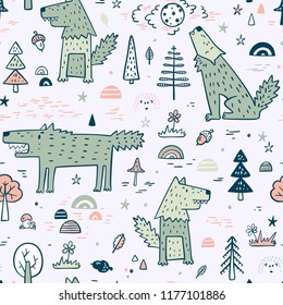 Cute Wolf Vector Seamless pattern. Childish Background with Hand Drawn doodle Wolves in Forest. Cartoon Wild Animals Wallpaper. Design for kids