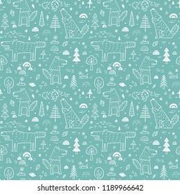 Cute Wolf Vector Seamless pattern. Childish Background with Hand Drawn doodle Wolves in Forest. Cartoon Wild Animals Wallpaper. Design for kids
