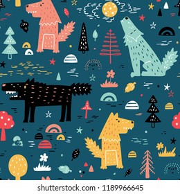 Cute Wolf Vector Seamless Pattern. Childish Background With Hand Drawn Doodle Wolves In Forest. Cartoon Wild Animals Wallpaper. Design For Kids