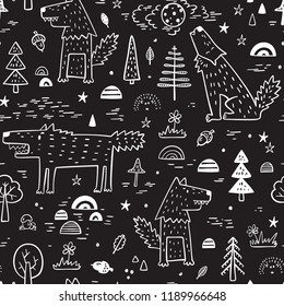 Cute Wolf Vector Seamless pattern. Childish Background with Hand Drawn doodle Wolves in Forest. Cartoon Wild Animals Wallpaper. Design for kids
