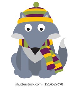 Cute wolf wearing a knitted warm hat, and a scarf. Vector flat illustration isolated on the white background