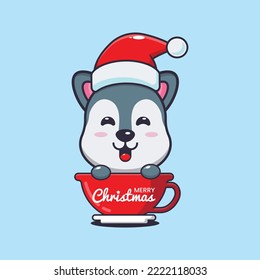 Cute wolf wearing santa hat in cup. Cute christmas cartoon illustration. 