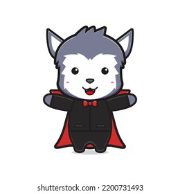 El lobo lindo está usando disfraz de vampiro halloween icono de mascota ilustración de dibujos animados planos estilo caricatura