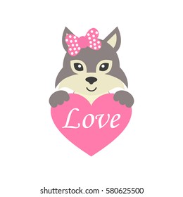 cute wolf wih bow and heart