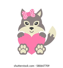 cute wolf wih bow and heart vector