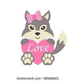cute wolf wih bow and heart vector and text