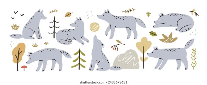 Cute wolves set. Funny gray animals in kids Scandinavian style. Baby coyotes, modern Scandi wild forest beast cub howling, sleeping. Childs flat vector illustration isolated on white background