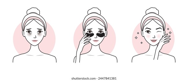 Cute woman apply eye patches treat under eye bags vector illustration isolated on white background. Direction for use eye mask treatment, reduce dark circles, puffiness, dryness and crow feet lines.