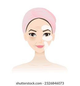 Cute woman apply facial mask patches on tired face skin vector isolated on white background. To recover wrinkles and lines, forehead creases, crows feet, dark circle and smile lines.
