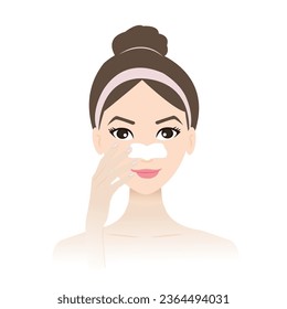 Cute woman apply pore strip on her nose vector illustration isolated on white background. Nose patch remove blackheads, deep cleansing and unclogging pores on nose. Skin care and beauty concept.