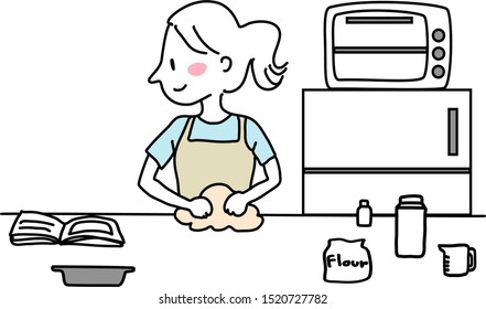 Cute woman with apron kneading bread dough. Cheerful woman reading recipe from cookbook while kneading bread dough. Happy woman baking bread from the recipe in cookbook. Freehand vector drawing.