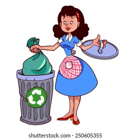 Cute woman in apron throwing garbage in dustbin. Vector illustration on a white background.