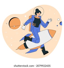 Cute woman Astronaut. Character sitting on rocket, cosmonaut costume, adventure, space, galaxy, planet, moon