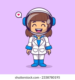Cute Woman Astronaut Standing Cartoon Vector Icon Illustration. Science Technology Icon Concept Isolated Premium Vector. Flat Cartoon Style