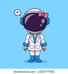 Cute Woman Astronaut Standing With Ribbon Cartoon Vector Icon Illustration. Science Technology Icon Concept Isolated Premium Vector. Flat Cartoon Style