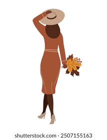 Cute Woman with Autumn Leaves in her Hand. Beautiful Woman in Brown Coat and Beige Hat with a Bouquet of Maple Leaves, Oak Leaves, Berries. Back view. Vector illustration on White Background